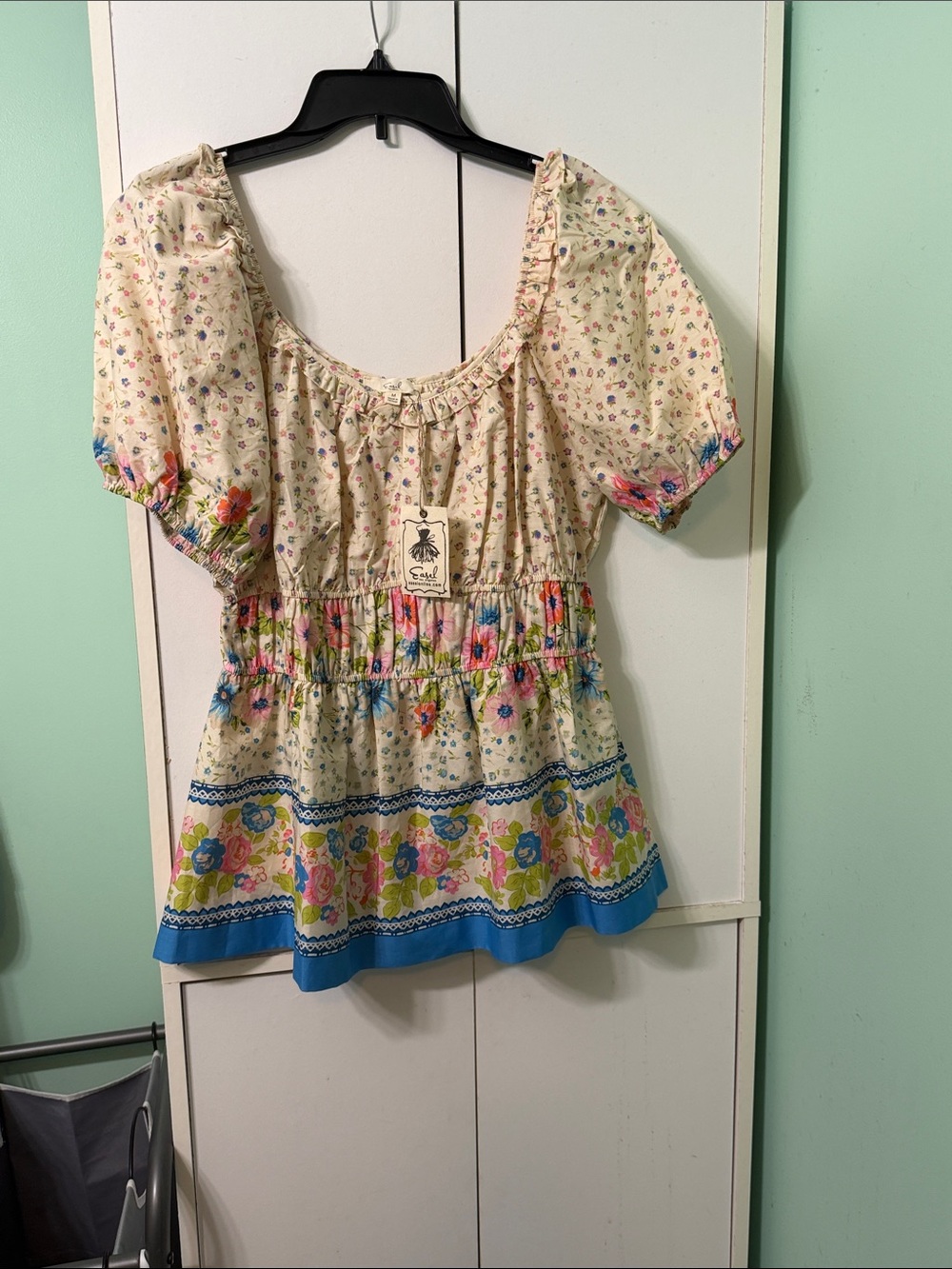Easel Cream Floral Smocked Tunic with Blue Border
